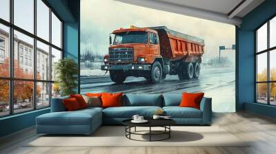 Dump truck alongside a highway, construction in progress, modern infrastructure, watercolor style Wall mural