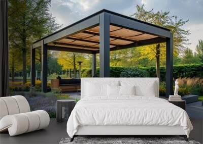 Elegant cantilever pole supporting an outdoor seating area canopy in a modern park Wall mural