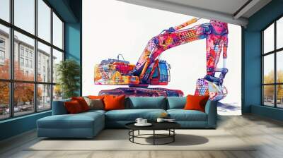 Excavator with a conceptual art style, using abstract patterns and bright, unnatural colors to highlight parts, on white Wall mural