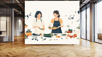 Family home cooking for Thanksgiving, chopping vegetables and preparing ingredients, warm earthy tones, handdrawn style, isolated on white background Wall mural