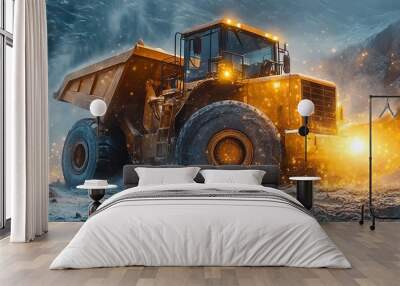 Front loader working at night, illuminated by bright lights, watercolor style Wall mural