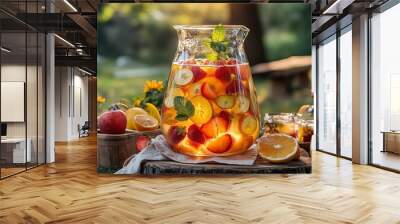 Lowalcohol sangria with fresh fruits in a glass pitcher, picnic setting with a wellness theme, wellness drink, light and social Wall mural