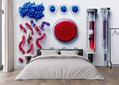 Microbiology tools and agar plates, scientific experiment setup, 3D illustration Wall mural