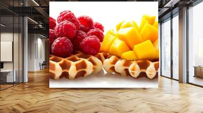 Mini waffles array with vibrant fruit toppings, kiwi, raspberry, and mango, playful and colorful, perfect for kids, isolated on white Wall mural