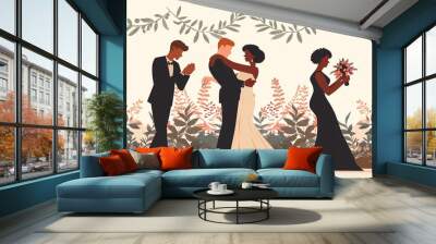 Multicultural couples dancing at a wedding, unity, love across cultures Wall mural