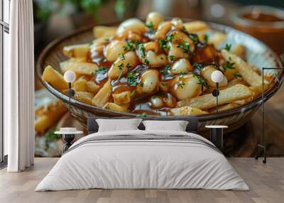 Poutine fries with gravy and cheese curds, served in a vintage bowl Wall mural