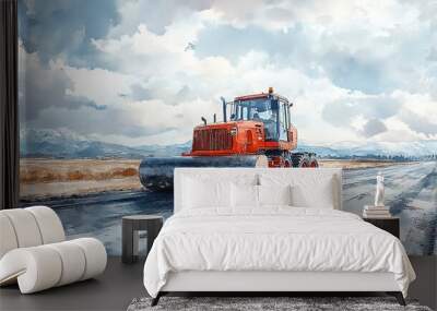 Road roller on a newly paved highway, vast open landscape, watercolor style Wall mural