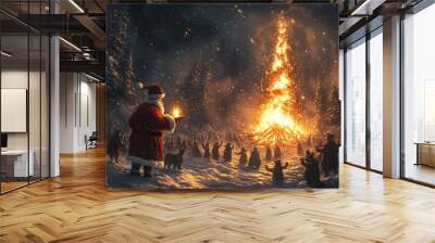 Santa lighting a giant bonfire in the middle of a snowy forest, animals and elves gathered around celebrating the winter solstice Santa, Winter, Bonfire, Celebration Wall mural