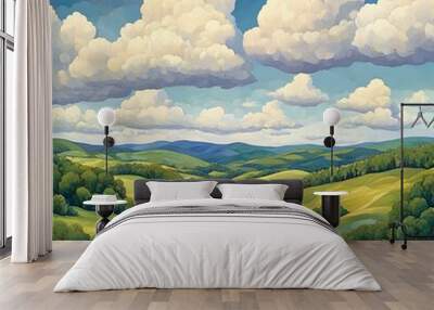 Scenic view of rolling hills under a sky filled with cumulus clouds, with the fresh, breezy air adding to the sense of peace, Cumulus Scenic Air, Hillside harmony Wall mural