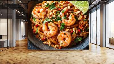 Thaistyle shrimp pad Thai with fresh lime and peanuts, Thai shrimp pad Thai, classic noodle dish Wall mural