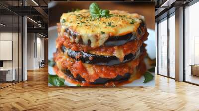 Vegan eggplant parmesan, layered with marinara sauce and vegan mozzarella, baked until golden brown, Vegan eggplant parmesan, classic comfort Wall mural