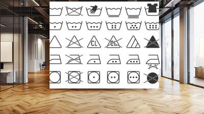 black monochrome simple laundry symbols round or curved style icons set element for USA garment industry flat vector design Wall mural