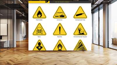 set of isolated  hazardous symbols on yellow round triangle board warning sign for pictograms, icon, label, logo or package industry etc. paperwork flat style vector design. Wall mural