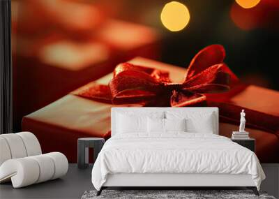 A beautifully wrapped red gift box adorned with a shiny bow, perfect for celebrating special occasions. Wall mural