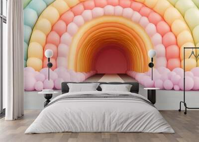 A colorful balloon arch in rainbow hues leads to a whimsical entrance, creating a joyful and vibrant atmosphere. Wall mural