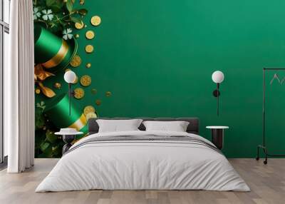 A festive green background adorned with gold coins, shamrocks, and decorative pots, perfect for St. Patrick's Day celebrations. Wall mural