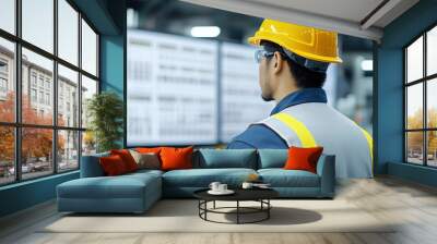 A worker in a hard hat observes industry metrics on a digital screen in a modern workspace. Wall mural