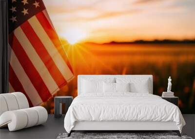 American flag waving against a sunset backdrop over a flower-filled field, symbolizing freedom and patriotism. Wall mural