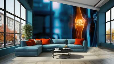 Close-up of a glowing knee joint illustration highlighting inflammation or injury, demonstrating medical or anatomical concepts in a high-tech environment. Wall mural