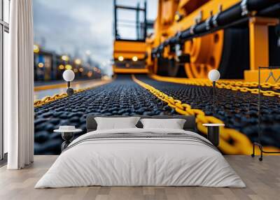 Close-up of industrial equipment with yellow chains and textured surface, highlighting machinery in action. Wall mural