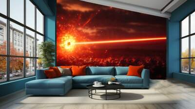 Dynamic scene featuring a laser beam cutting through darkness, showcasing vibrant colors and intense energy. Wall mural