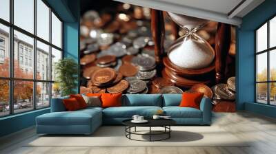 Hourglass among coins representing time and money on a dark background. Wall mural