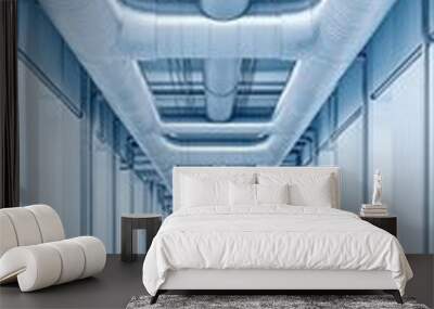 Modern industrial interior with blue steel pipes and empty white walls. Wall mural