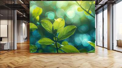 Soft sunlight filters through vibrant green leaves. Wall mural