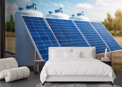 Solar panels in a desert landscape with storage tanks under a bright blue sky. Wall mural