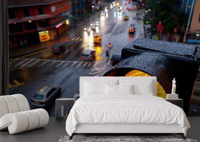 Traffic light glowing orange on a wet street, vehicles passing by in rainy weather, urban cityscape. Wall mural