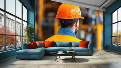 Worker in safety gear, orange helmet, looking at factory machinery. Wall mural