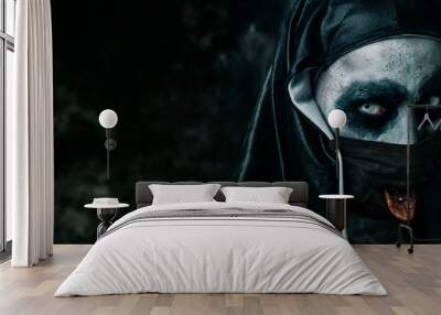 evil nun sticking out her tongue, web banner Wall mural