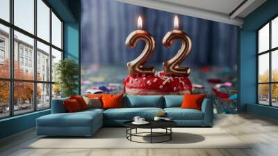 lit candles in the shape of number 22 in a cake Wall mural