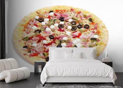 precooked pizza with bacon, olives, cherry tomatoes, goat cheese Wall mural