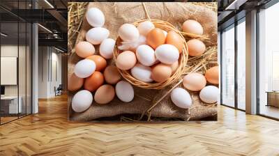 basket of colorful fresh eggs on wooden table Wall mural