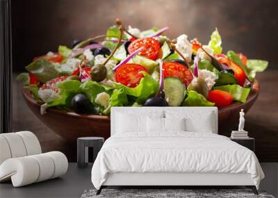 bowl of fresh salad with vegetables, feta cheese and capers Wall mural