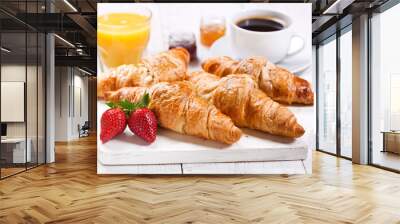 breakfast with croissants, coffee, juice and fresh fruits Wall mural