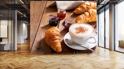 breakfast with cup of cappuccino coffee with croissants Wall mural