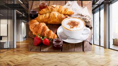 Breakfast with cup of cappuccino coffee with croissants Wall mural