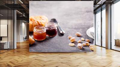 breakfast with cup of coffee, croissant and fruit jam Wall mural