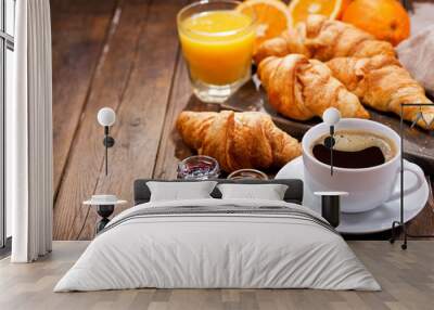 breakfast with cup of coffee and croissants Wall mural