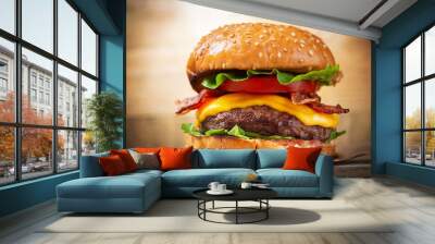 burger with cheese, bacon, salad and vegetables Wall mural