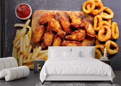 fast food meals : onion rings, french fries and fried chicken Wall mural