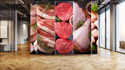 food collage of various types fresh meat, top view Wall mural