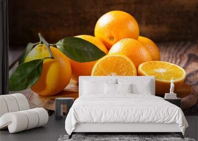 fresh orange fruits with leaves Wall mural