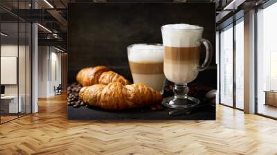 glasses of latte macchiato coffee and croissants Wall mural