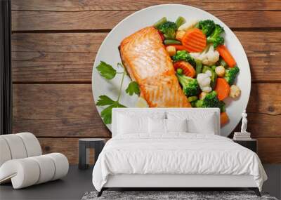 plate of baked salmon steak with vegetables Wall mural