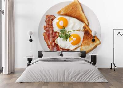 plate of fried eggs, bacon and toast isolated on white background Wall mural