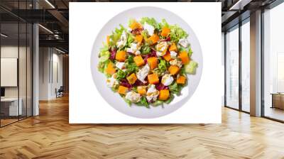 plate of salad with baked pumpkin and cream cheese isolated on transparent background, top view Wall mural