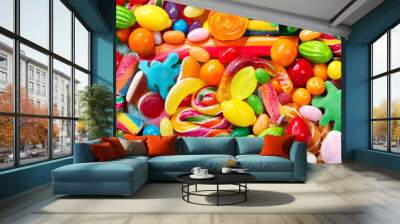 various colorful candies, jellies, lollipops and marmalade Wall mural